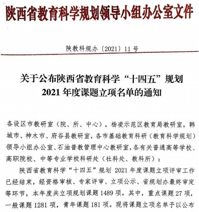 我校课题成功获得陕西省教育科学“十四五”规划课题立项(图1)